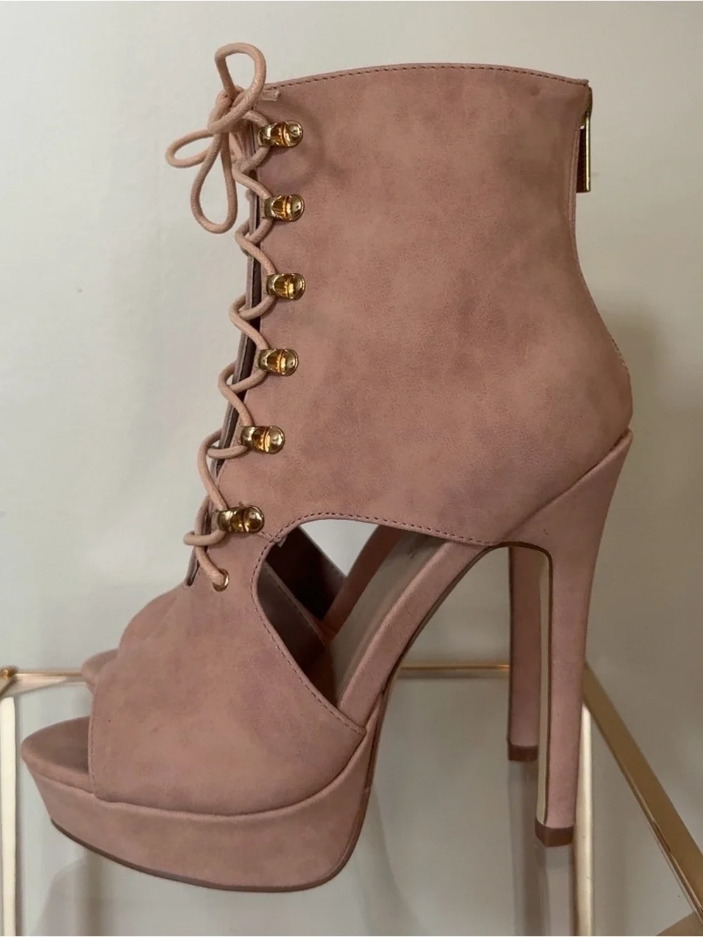 Blush Lace-Up Peep Toe Platform Heels